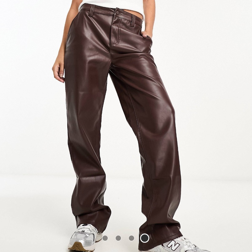 ASOS DESIGN faux leather straight leg pants in brown